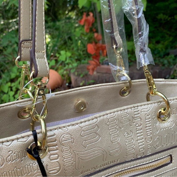 JUICY COUTURE Gold Embossed Word Play TOTE BAG! Neutral Faux Leather Crossbody - Picture 6 of 9